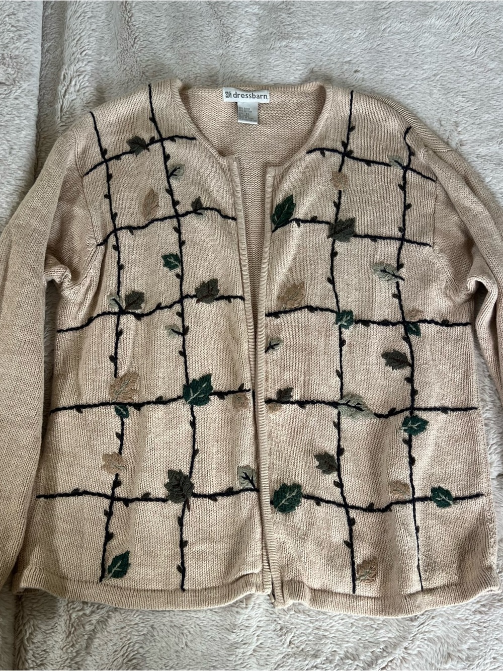 dressbarn Beige Cardigan with Embroidered Green & Brown Leaves
